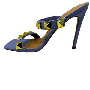 Cape Robbin Blue Studded Square‎ Toe Stiletto Mule Sandals Gold Pyramid Studs 8